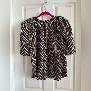 Calvin Klein Brown and White Animal Print Blouse Size Small Puff Sleeves